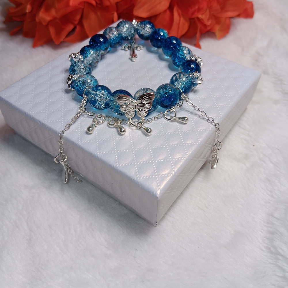 Blue and Silver Butterfly Charm Beaded Bracelet